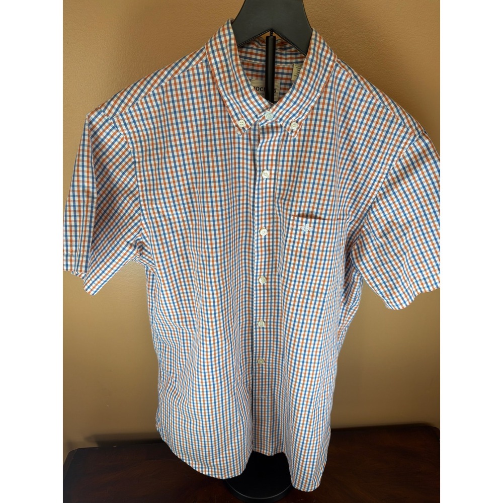 Dockers Mens Medium Short Sleeve Button Down Shirt Orange Blue Gingham Check
